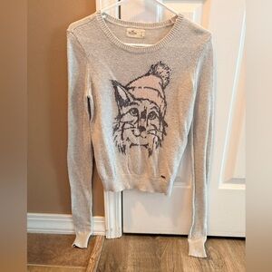 Hollister Light Gray Crewneck Sweater with Fox Graphic